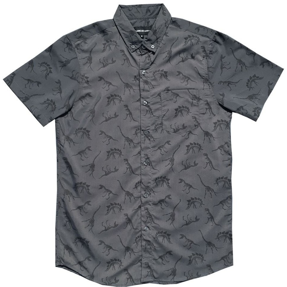 Molokai Surf Co Charcoal Dinosaur Skeleton Print Short Sleeve Button Down M